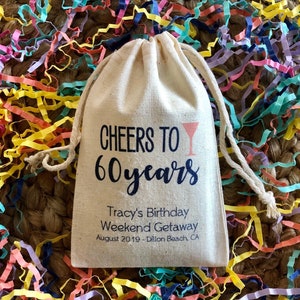 Set of 10 Personalized Party Favor Bags "Cheers to 60 Years" Martini Birthday Custom Muslin Cotton Bags (Item 2012A)