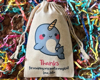 Set of 10 Personalized Narwhal Party Favors - Custom Muslin Cotton Bags (Item 1846A)