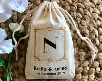 Set of 10 Personalized Art Deco / Gatsby Themed Wedding Favors - Custom Muslin Cotton Bags (Item 2032A)