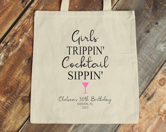 Set of 5 Personalized Girls Trip Cotton Tote Bag | Girls Trippin' Cocktail Sippin' (Item 2426B1)