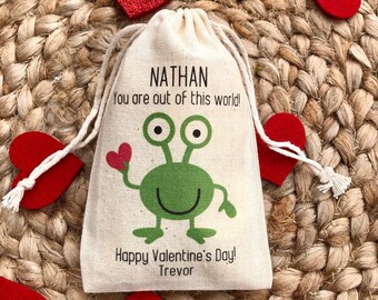 Set of 10 Kid's Valentine's Day Party Favor Bags / Out of This World Alien Monster Valentine Treat Bag (Item 1799A)