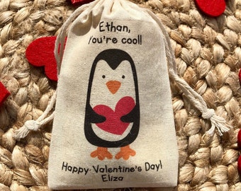 Set of 10 Kid's Valentine's Day Party Favor Bags / Penguin Valentine Treat Bag (Item 1804A)