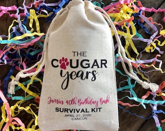 Set of 10 Personalized Party Favor Bags "The Cougar Years" Survival Kit Custom Muslin Cotton Bags (Item 2074A)