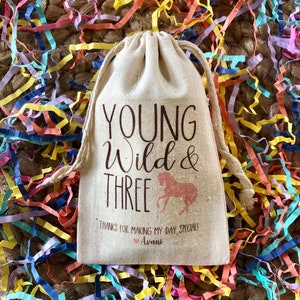 Set of 10 Personalized Horse Favor Bags for Third Birthday - "Young Wild and Three"  (Item 1820A)