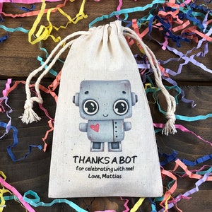 Set of 10 Robot Birthday  Party or Baby Shower Favors - Custom Muslin Cotton Bags (Item 2539A)