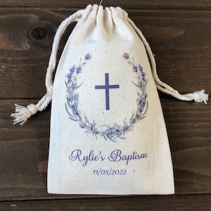 Set of 10 Baptism or First Communion Favor Bags with Lavender Wreath and Cross (Item 2484A)