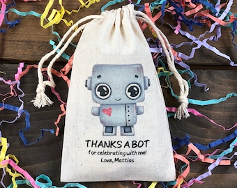 Set of 10 Robot Birthday  Party or Baby Shower Favors - Custom Muslin Cotton Bags (Item 2539A)