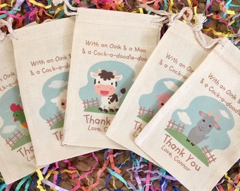 Set of 10 Farm Animal Party Favor Bags / With An Oink and A Moo & a Cock-a-doodle-doo - Custom Muslin Cotton Bags (Item 1678A)