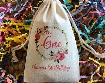Set of 10 Floral Wreath Boho First Birthday Favor Bags (Item 2005A)