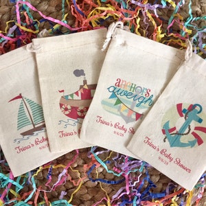 Set of 10 Nautical Theme Party Personalized Favor Bags / Sailboat, Tugboat, Anchors Away (Item 1649A)