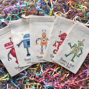 Set of 10 Robot Party Favors - Custom Muslin Cotton Bags (Item 1580A)