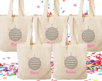 Set of 5 Personalized Retro Disco Theme Bachelorette Party Favor Tote Bags (Item 2603E)