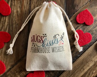 Set of 10 Personalized Valentine's Day or Farmhouse Wedding Party Favor Bags | Hugs, Kisses & Farmhouse Wishes (Item 2257A)