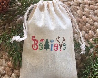 Set of 10 Personalized Christmas Favor Bags / Holiday Gift Bags / Believe  (Item 1715A)