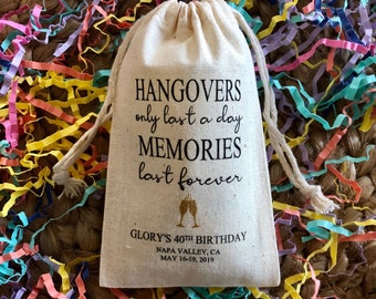 Set of 10 Bachelorette or Birthday Party Survival Kit Bags - Hangovers Only Last a Day, Memories Last Forever Champagne Glass (Item 1869A)