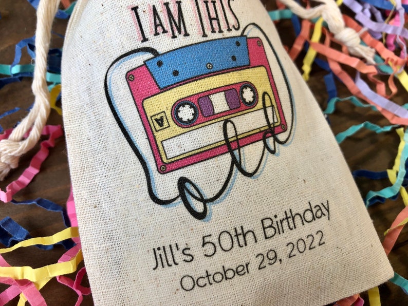 Set of 10 Personalized 80s Theme Party Favor Bags I Am This Old Cassette Tape Favors Item 2479A image 5