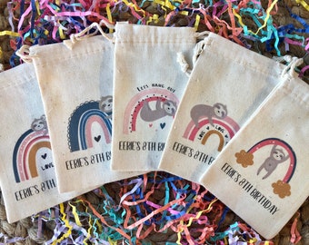 Set of 10 Personalized Sloth Rainbow Assortment Shower or Birthday Party Favor Bags (Item 2112A)