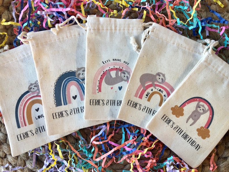 Set of 10 Personalized Sloth Rainbow Assortment Shower or Birthday Party Favor Bags Item 2112A image 1