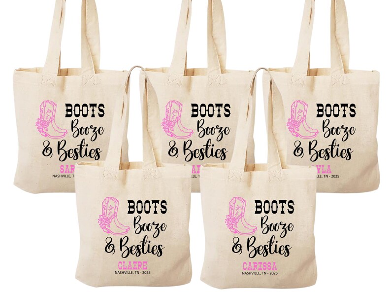 Boots Booze Besties Tote Bag: Nashville Bachelorette Party Favor pack of 5 mini totes
