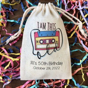 Set of 10 Personalized 80s Theme Party Favor Bags | I Am This Old Cassette Tape Favors (Item 2479A)