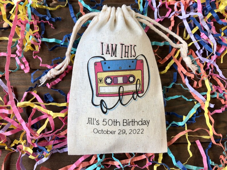 Set of 10 Personalized 80s Theme Party Favor Bags I Am This Old Cassette Tape Favors Item 2479A image 1