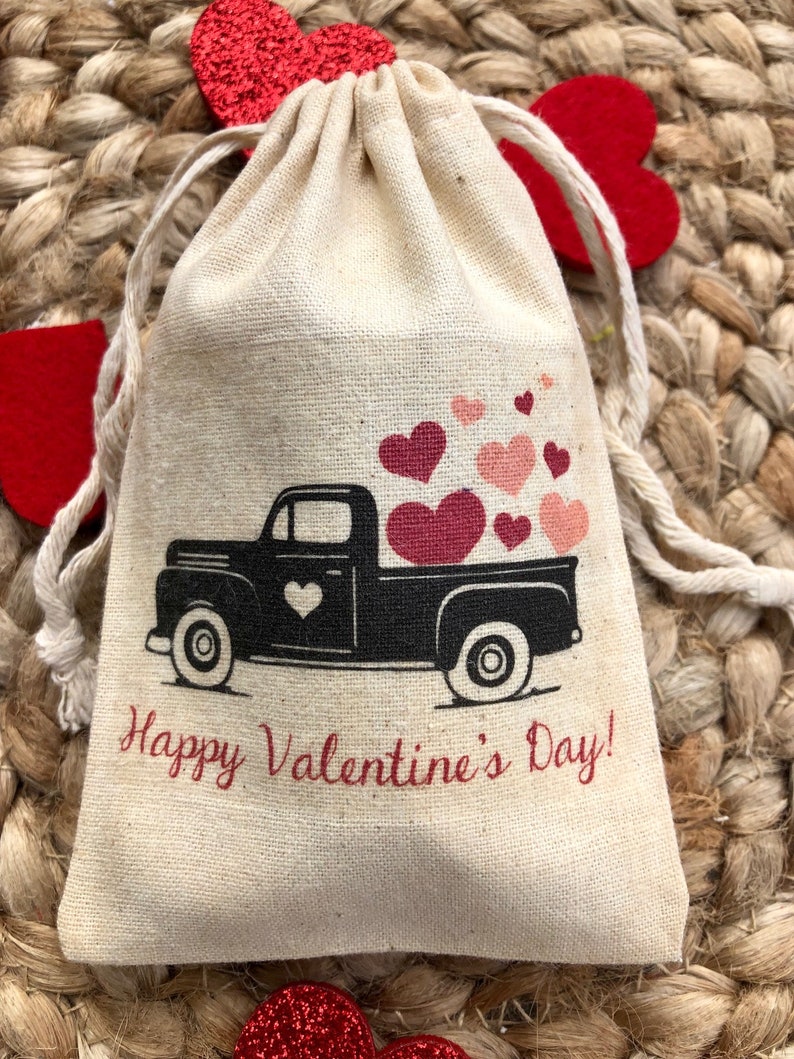 Personalized Valentine/'s Day Party Favors Muslin Valentine Treat Bags Vintage Truck Item 1775A Set of 10