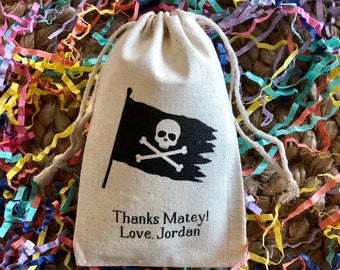 Set of 10 Personalized Pirate Flag Party Favors - Custom Muslin Cotton Bags (Item 2042A)