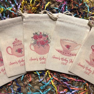 Set of 10 Pink Assorted Tea Party Theme Baby Shower Favors Cotton Muslin Bags(Item 2116A)