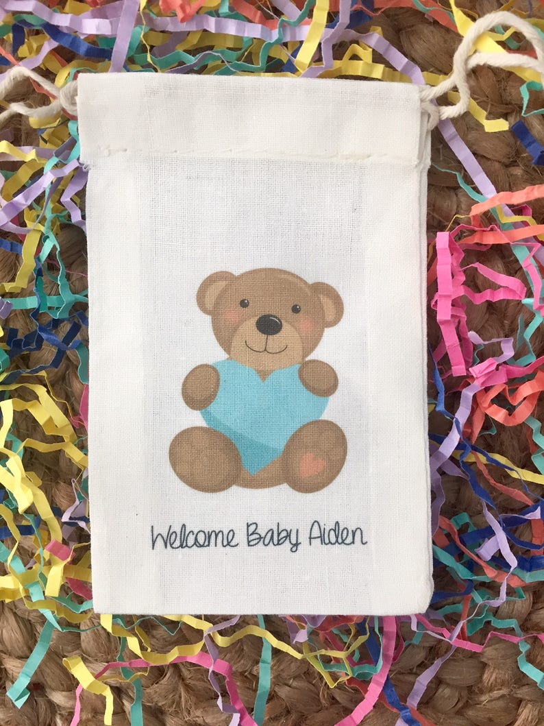 Set of 10 Item 1336A Personalized Teddy Bear Baby Shower Favors or Birthday Party Favors Custom Muslin Cotton Bags