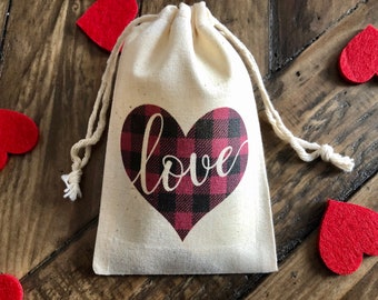 Set of 10 Personalized Valentine's Day or Farmhouse Wedding Party Favor Bags | Black and Red Buffalo Plaid Heart (Item 2253A)