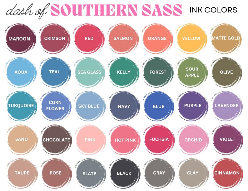 Puede incluir: Una tabla de 36 colores de tinta, organizados en cuatro filas de nueve colores cada una. Los colores est&aacute;n etiquetados con nombres como "Maroon", "Crimson", "Red", "Salmon", "Orange", "Yellow", "Matte Gold", "Aqua", "Teal", "Sea Glass", "Kelly", "Forest", "Sour Apple", "Olive", "Turquoise", "Corn Flower", "Sky Blue", "Navy", "Blue", "Purple", "Lavender", "Sand", "Chocolate", "Pink", "Hot Pink", "Fuchsia", "Orchid", "Violet", "Taupe", "Rose", "Slate", "Black", "Gray", "Clay" y "Cinnamon".