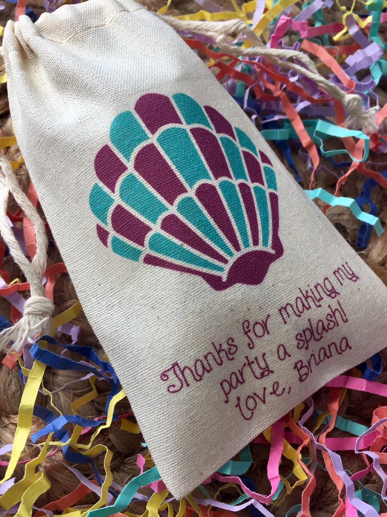 Item 1588A Set of 10 Personalized Mermaid Birthday Party Favor Bags Clam Shell Favors