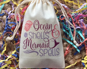 Set of 10 Personalized Mermaid Birthday Party Favor Bags / Ocean Shells & Mermaid Spells (Item 1589A)