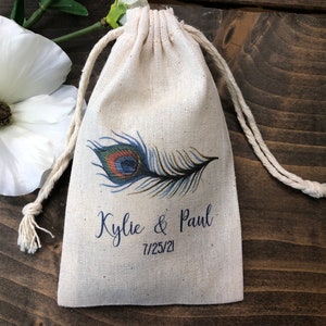 Set of 10 Personalized Wedding Favor Bags / Peacock Feather (Item 2327A)