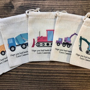 Set of 10 Personalized Construction Trucks Birthday Party Favors - Custom Muslin Cotton Bags(Item 2000A)