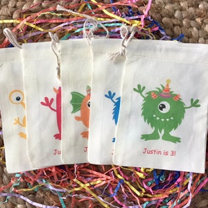 Set of 10 Personalized Monster Theme Birthday Party Favors - Custom Muslin Cotton Bags (Item 1346A)