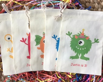 Set of 10 Personalized Monster Theme Birthday Party Favors - Custom Muslin Cotton Bags (Item 1346A)