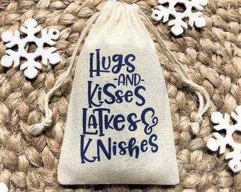 Set of 10 Personalized Hanukkah Favor Bags / Holiday Gift Bags / Hugs and Kisses, Latkes & Knishes (Item 1742A)