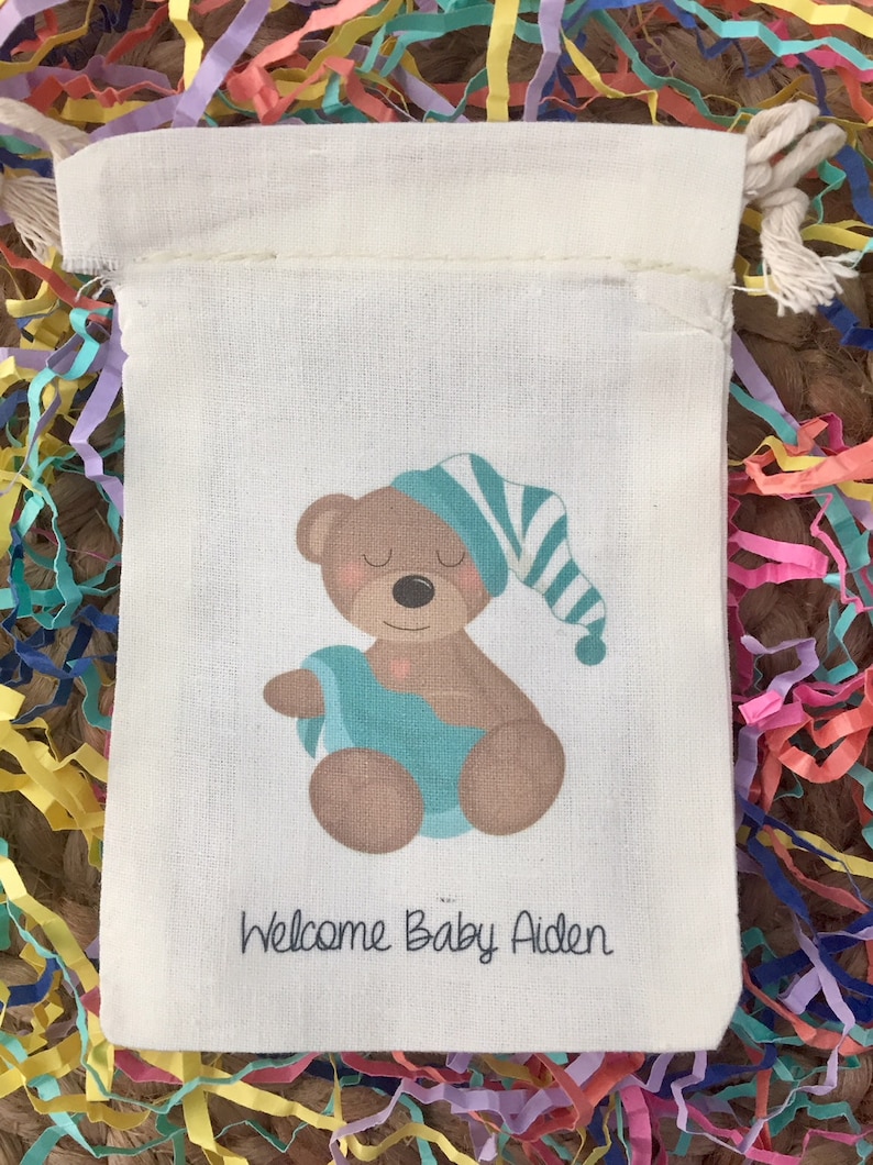 Set of 10 Item 1336A Personalized Teddy Bear Baby Shower Favors or Birthday Party Favors Custom Muslin Cotton Bags