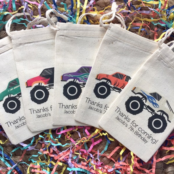 Set of 10 Monster Truck Party Favors - Custom Muslin Cotton Bags (Item 1578A)