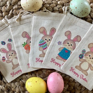 Set of 10 Easter Favor Bags - Assorted Easter Bunny Favor Bags - Cotton Muslin Favor and Candy Bags (Item 1827A)