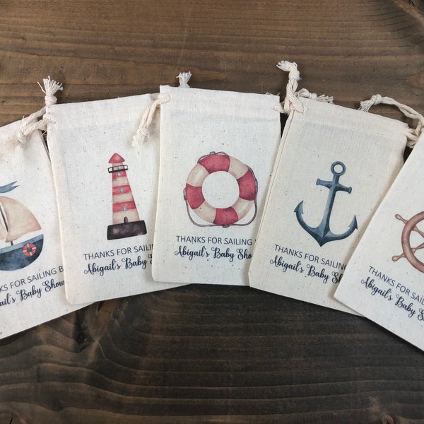 Set of 10 Nautical Theme Party Personalized Favor Bags / Sailboat, Lighthouse, Life Preserver, Anchor, Helm Treat Bags (Item 2594A)
