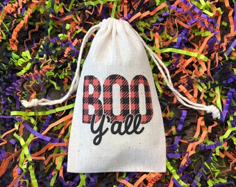 Set of 10 Halloween Party Favor Bags / Boo Y'all /Black and Orange Buffalo Plaid (Item 2401A)