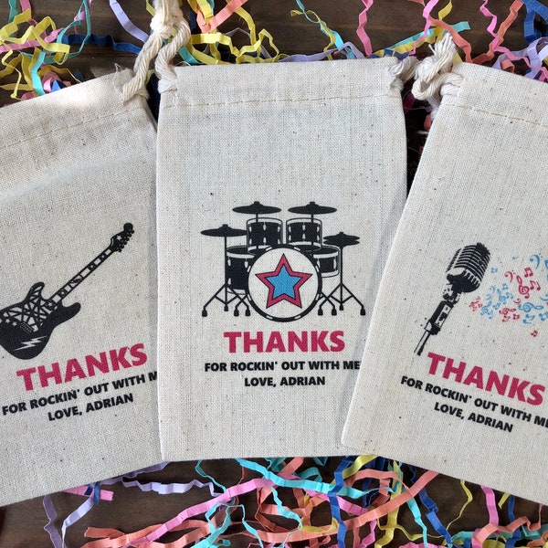 Set of 10 Rock and Roll Theme Party Favor Bags / Guitar, Drums, Microphone (Item 2471A)