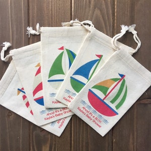 Set of 10 Sailboat Party Favors - Custom Muslin Cotton Bags (Item 1581A)