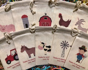 Set of 10 Farm Theme Party Favor Bags / Farm Animals, Silo, Barn, Tractor, Windmill - Custom Muslin Cotton Bags (Item 2109A)