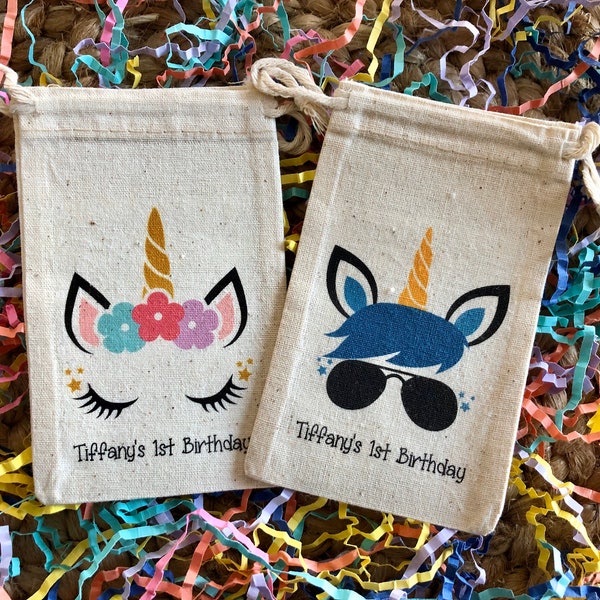 Set of 10 Personalized Girl and Boy Unicorn Party Favors - Custom Muslin Cotton Bags (Item 1599A)