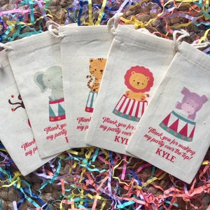 Set of 10 Personalized Circus Animal Party Favors - Custom Muslin Cotton Bags (Item 1576A)