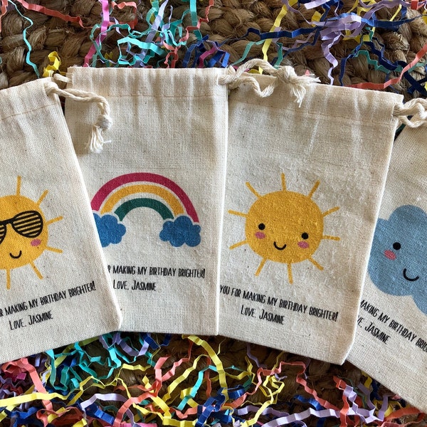 Set of 10 Personalized Sunshine, Rainbow and Clouds Weather Birthday Party Favor Bags (Item 2038A)