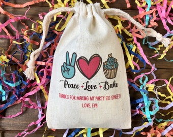 Set of 10 Baking Theme Cooking Party Personalized Favor Bags | Peace Love Bake Cupcake Favors (Item 2491A)